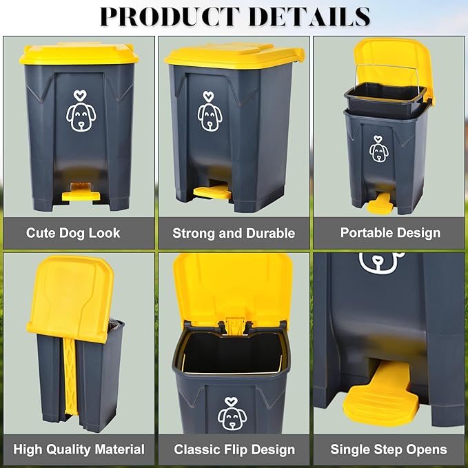 Outdoors Dog Poop Trash Can with Lid & 290PCS Waste Bags, Cute Dog Waste Trash Can for Yard, Home, Garden, Kitchen, 15 Litre Removable Inner Bin, Plastic Gray & Yellow