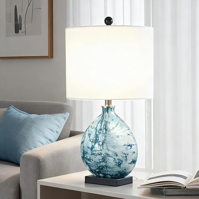 Maxax 24" Coastal Glass Table Lamp, 3-Way Dimmable Blue Glass Bedside Lamp with White Drum Shade for Living Room Bedroom Nightstand