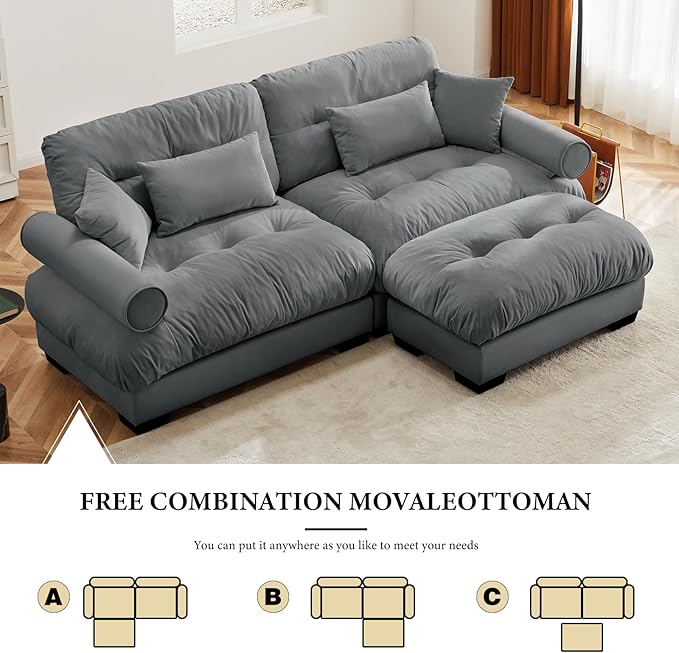 93.7” Oversized Grey Velvet Loveseat Sofa, Deep Seat 2-Seater Modular Sectional Couches for Living Room with 1 Ottoman, Cloud Home Sofas Set, Love Seat Couches