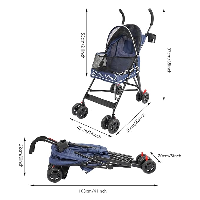 Pet Travel Stroller 22 * 18 * 38in, Pet Stroller Made of Oxford Cloth, Spray Molding Foldable, Small Dog Strollers Cat Cage Jogger Travel Carrier Breathable and Visible 22 Lbs Capacity(Blue)