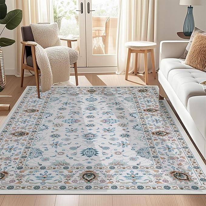 WILLSUN Washable Area Rugs, 6x9 Non-Slip Boho Large Area Rugs for Living Room, Bedroom, Machine Washable Vintage Rug, Indoor Floral Print Carpet for Home Decor, Kid & Pet Friendly Mat