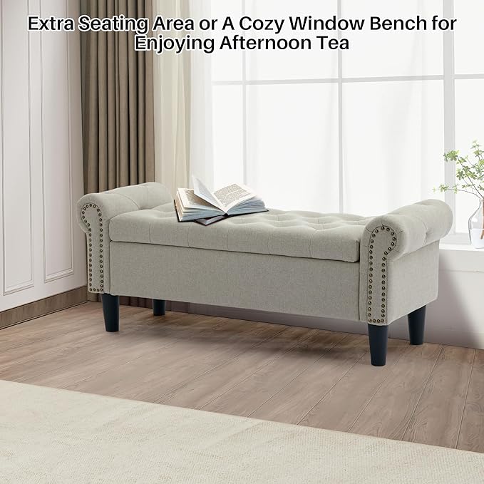 Storage Bench, 50" Queen End of Bed Bench, Linen Tufted Button Upholstered Bedroom Bench, Storage Ottoman with Rolled Arms, Window Bench with Storage, for Living Room, Entryway Light Brown