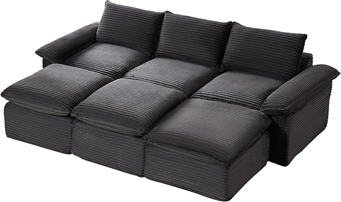 111" Cloud Sectional Couch, Corduroy Sectional Sofa with Ottoman, Boneless Couch with Deep Seat in a Box for Living Room, No Assembly Required (Dark Grey)
