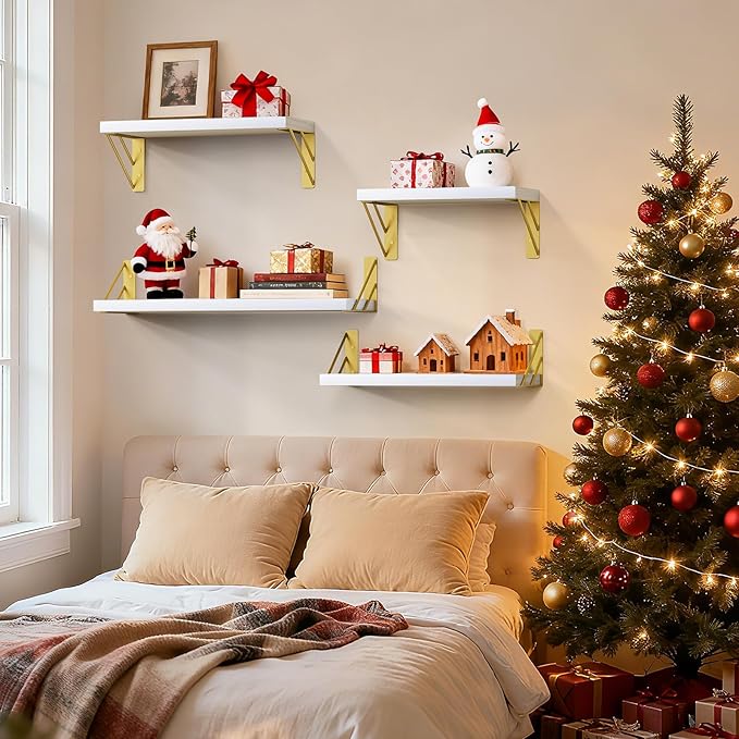 BAYKA Wall Shelves for Bedroom Decor, Floating Wall Shelf for Living Room Kitchen Storage, Mounted Rustic Wood Shelves for Kids Books, Christmas Decorations for Room(White and Gold,Set of 4)