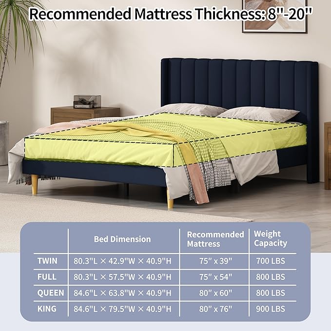 Queen Size Upholstered Platform Bed Frame with Modern Wingback & Vertical Panel Headboard, Linen Fabric, Wooden Legs & Slats Support, No Box Spring Needed, Noise-Free & Easy Assembly, Dark Blue