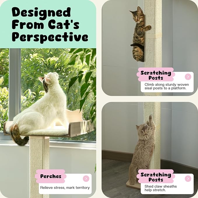 Cat Window Perch with Thick Sisal Scratching Post, Cat Hammock for Window, 53.5" Adjustable Tall Cats Scratching Post with 2 Upgrade Suction Cups, Cats Window Bed with Fuffy Cushion, Sisal