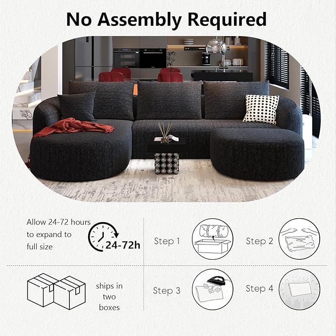 111" Modular Sectional Couches Luxury Modern Curved Back U-Shape Sofa Set with Ottoman,Minimalist Comfy Boneless Cloud Couch for Living Room Apartment,(Left Facing Chaise,Black)