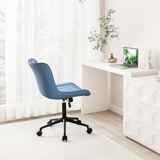 Kidol & Shellder Blue Leather Home Office Desk Chair with Wheels Modern Cute Armless Executive Swivel Vanity Chair with Comfy Padded Back Ergonomic Rolling Adjustable Computer Task Chair Small