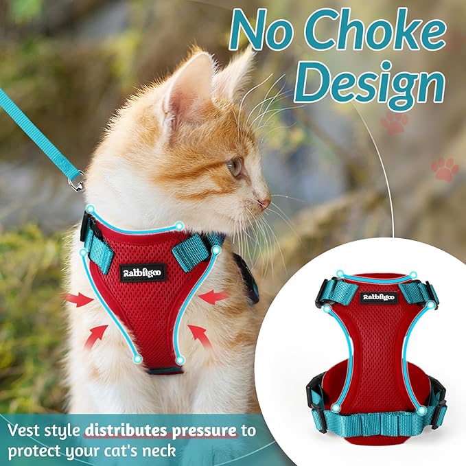 rabbitgoo Cat Harness and Leash for Walking, Escape Proof Soft Adjustable Vest Harnesses for Cats, Easy Control Breathable Reflective Strips Jacket, Red & Teal, XS