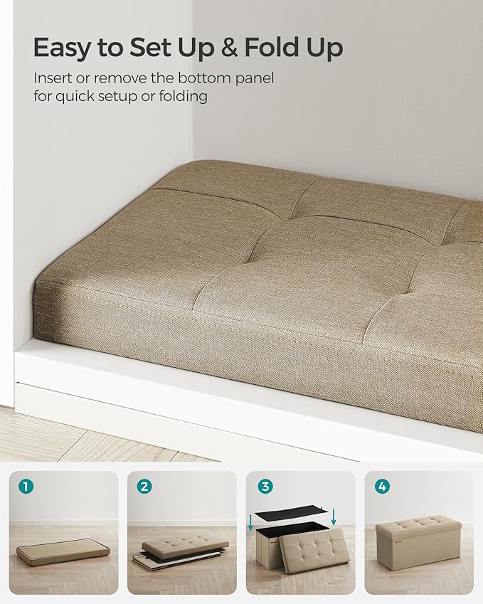 SONGMICS Mazie Collection - 30 Inches Folding Storage Ottoman Bench, Ottoman Foot Rest, End of Bed Bench, Storage Chest, Load 660 lb, for Living Room, Bedroom, Entryway, Camel Brown ULSF047R01