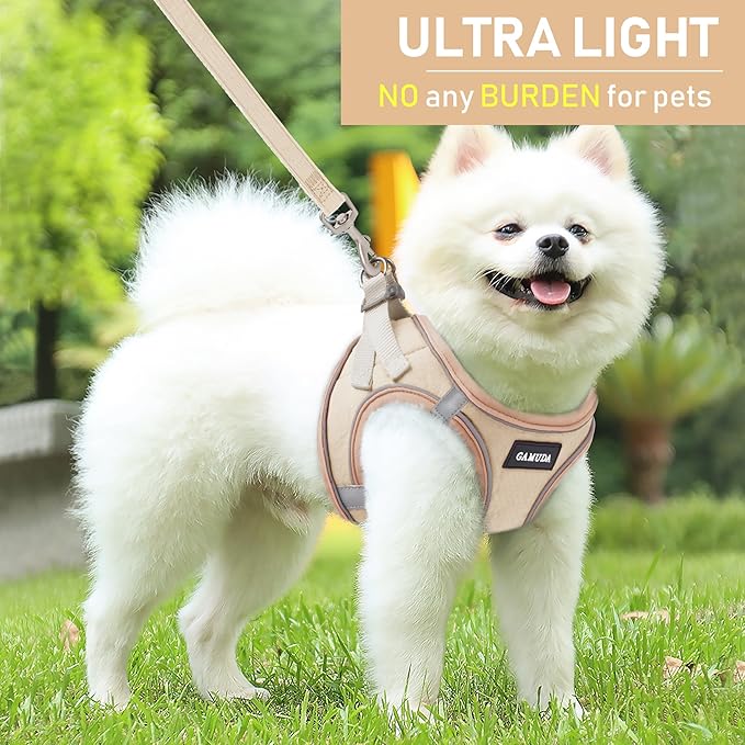 GAMUDA Small Pet Harness Collar and Leash Set, Step in No Chock No Pull Linen Fabric Soft Mesh Dog Vest Harnesses Reflective for Dogs Puppy Cats Kitten Rabbit (Khaki, XS)