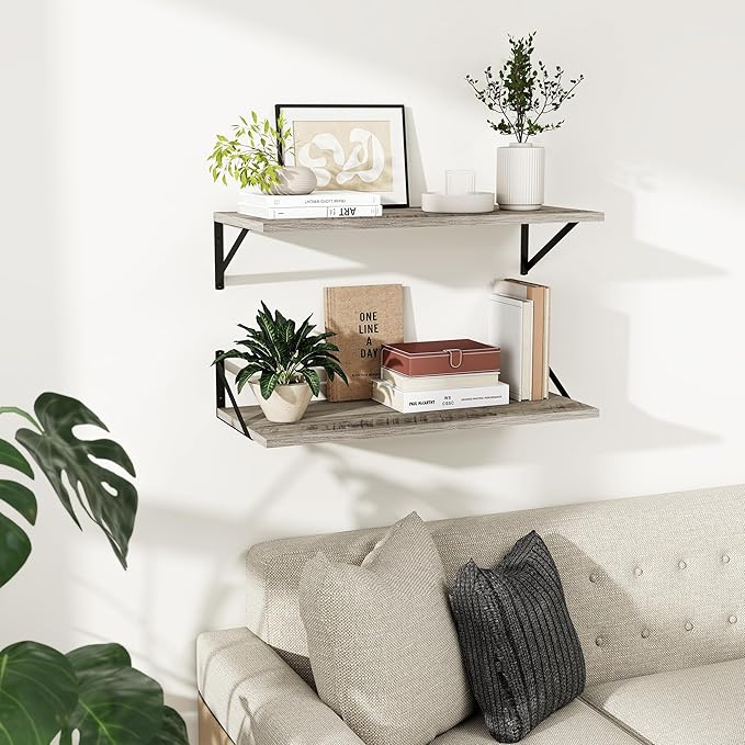Dreamland Floating Shelves for Wall, 12 Inch Deep Floating Shelves Set of 2, 30W x 12D Large Wall Shelf with Sturdy Metal Brackets for Living Room, Bathroom, Bedroom and Kitchen, Grey