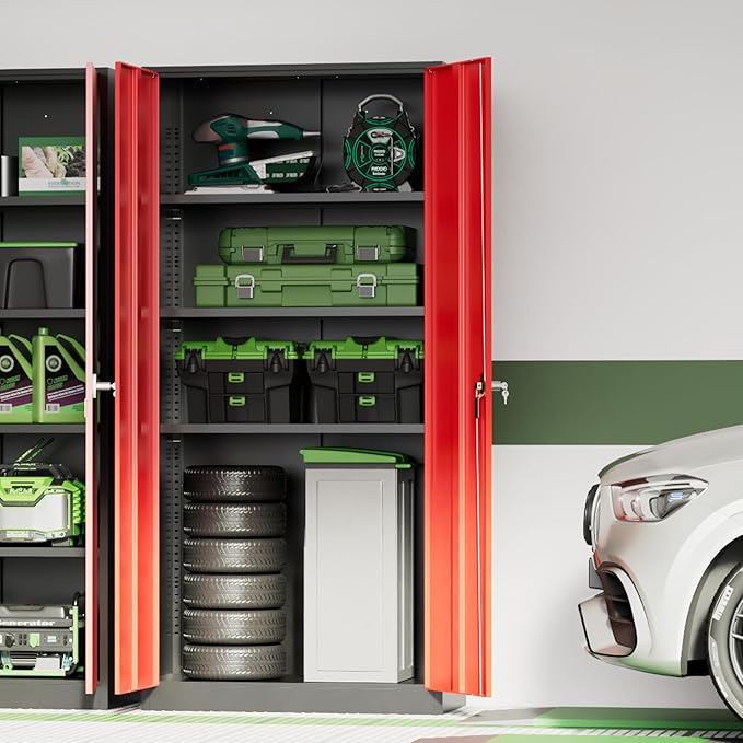 INTERGREAT Metal Storage Cabinet,72" Steel Lockable File Cabinet with Locking Doors and Adjustable Shelves,Locking Tool Cabinets for Office,Home,Garage,Gym,School (Black Red)