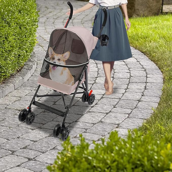 Pet Travel Stroller 22 * 18 * 38in, Pet Stroller Made of Oxford Cloth, Spray Molding Foldable,Small Dog Cat Cage Jogger Travel Carrier Breathable and Visible 22 Lbs Capacity(Pink)
