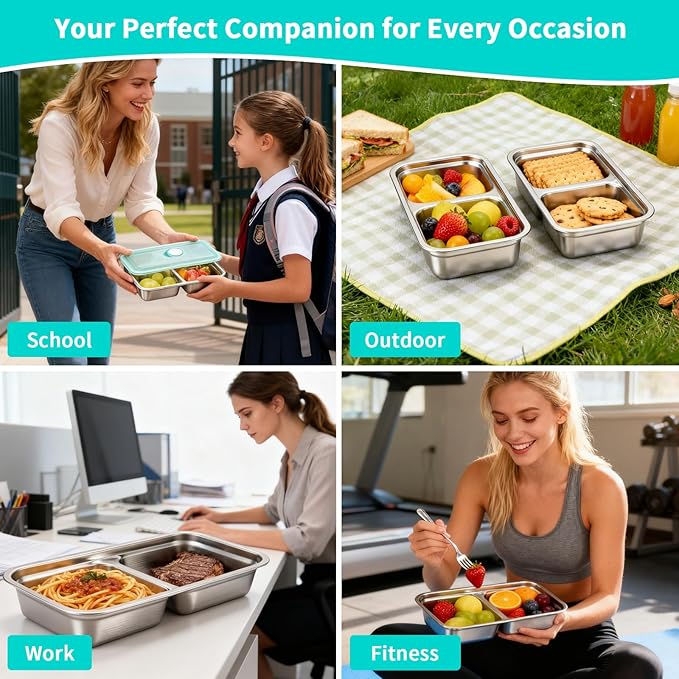 4 Pack Stainless Steel Snack Containers with Lids, Reusable Leak-Proof 2-Compartment Bento Box, Portable Food Storage Lunch Box for Work, Travel, Meal Prep