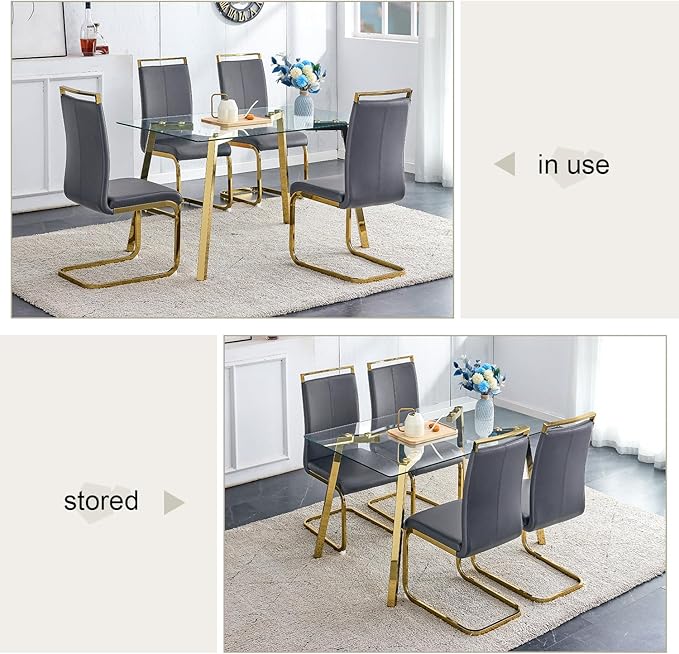 Dining Table Set of 4,51" Rectangle Tempered Glass Top with Golden Chrome Legs,Kitchen Room Table with 4 Grey Faux Leather Chairs,Dinner Table Set for Dining Room Office