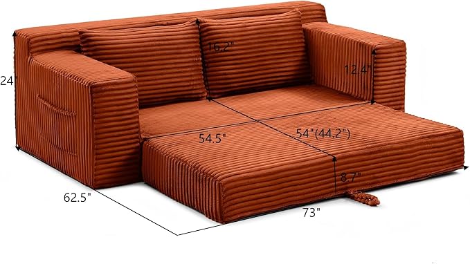 73" Cloud Loveseat Sofa Couch in a Box, 2 Seater Boneless Couch, Convertible Pull Out Sofa Bed with Pillows, No Assembly, Memory Foam, Modern Small Couches for Small Spaces (A-Orange)