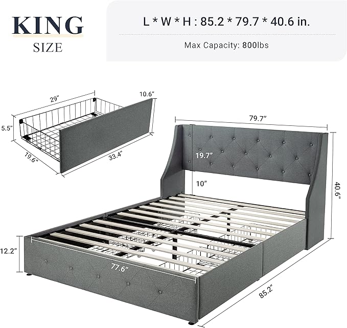 Allewie King Size Bed Frame with 4 Storage Drawers and Wingback Headboard, Button Tufted Design, No Box Spring Needed, Light Grey