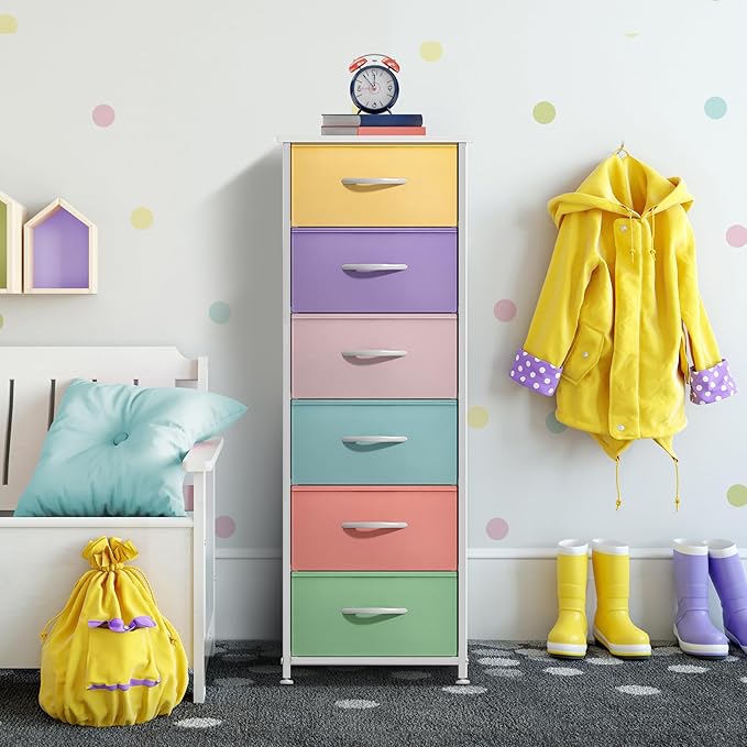 Sorbus Fabric Dresser for Kids Bedroom - Chest of 6 Drawers, Tall Storage Tower, Clothing Organizer, for Closet, for Playroom, for Nursery, Steel Frame, Fabric Bins - Wood Handle (Multi-Pastel)