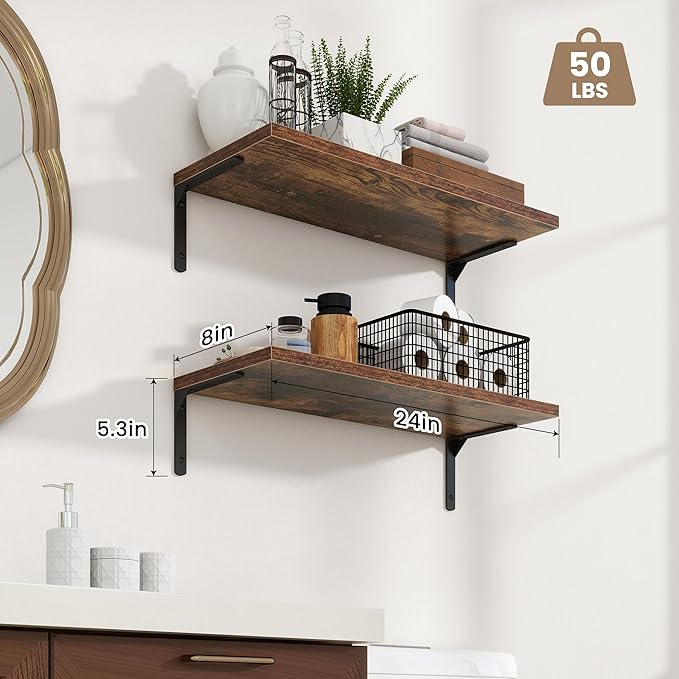 Fun Memories Deep Floating Shelves, 24W x 8D Floating Shelves Set of 2, Wall Mounted Shelf with Metal Brackets, Rustic Wood Wall Shelf for Bathroom, Kitchen and Living Room, Rustic Brown