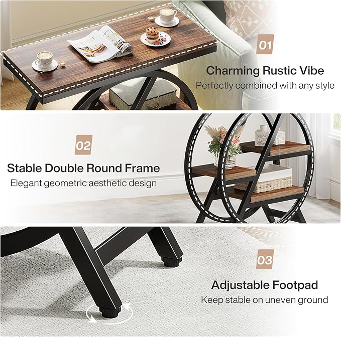 Tribesigns End Table for Living Room, 3-Tier Narrow Side Table with Storage, Wood Sofa Side Table with Geometric Metal Frame, Industrial Nightstand and Bedside Table for Bedroom