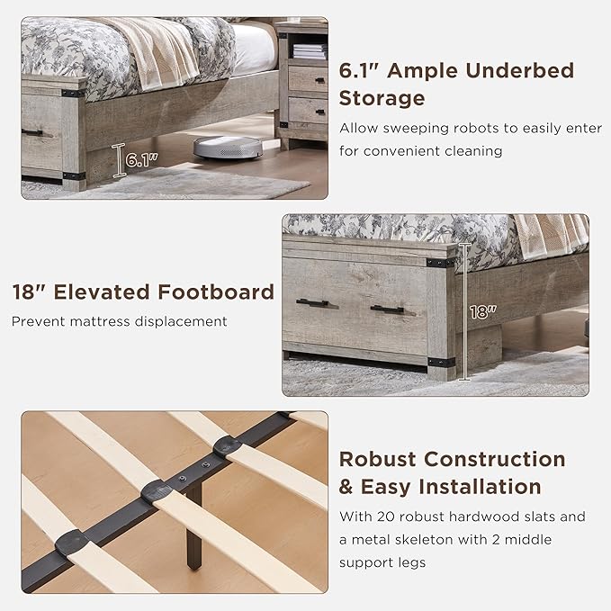 T4TREAM Farmhouse Queen Size Bed Frame with 54" Tall Geometric Headboard & 2 Large Storage Drawers, Rustic Wood Platform Bed with Wood Slats Support, No Box Spring Needed, Light Rustic Oak