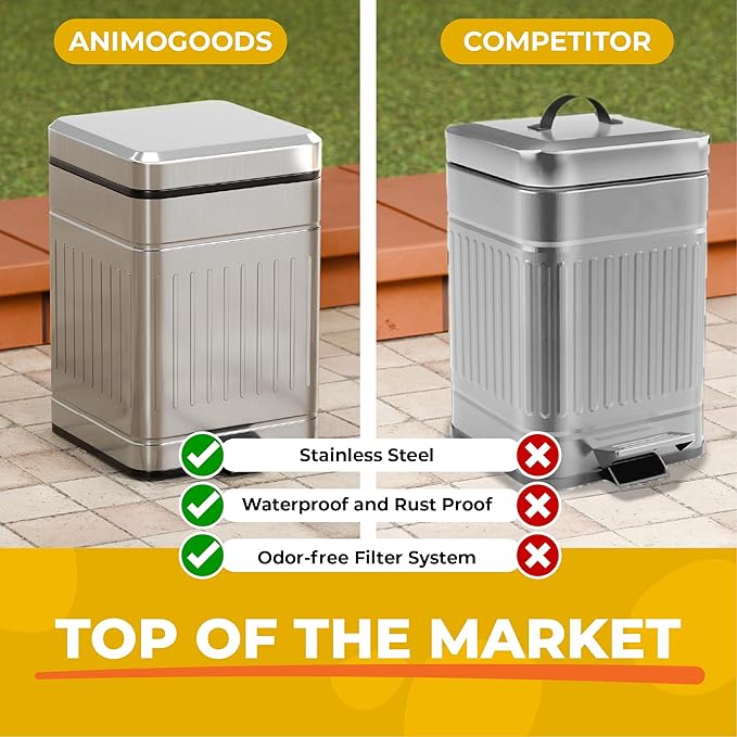 Small Dog Poop Trash Can Outside, 1.3 Gal Stainless Steel Dog Waste Trash Can, Waterproof Small Poop Bucket Outdoor with Lid, Poop Pail for Dogs, Dog Poop Bin Outdoor with Odor Control (Steel)