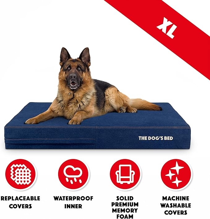 The Dog’s Bed Orthopedic Memory Foam Dog Bed, XL Blue Denim 46x28, Pain Relief for Arthritis, Hip & Elbow Dysplasia, Post Surgery, Lameness, Supportive, Calming, Waterproof Washable Cover