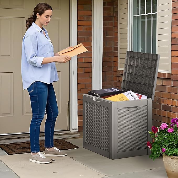 Outdoor Storage Box, Resin Deck Boxes Indoor and outdoor, Waterproof Storage Box Lockable Lid (Grey, 35 Gallon)