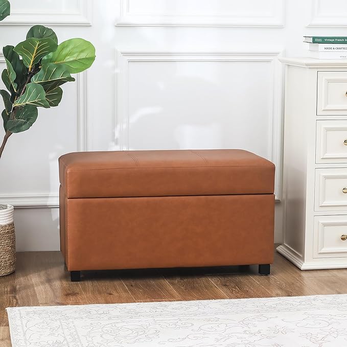 Joveco 32" Leather Storage Ottoman Bench, Rectangle Foot Rest Stool for Living Room, Bedroom, Entryway, Cognac Brown