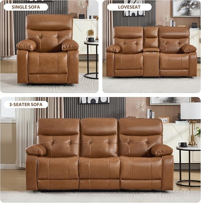 CANMOV Genuine Leather Power Recliner Sofa Set, Power Recliner Chair and Loveseat Set, 2 Pieces Leather Couch with Storage Console, USB Ports, Cup Holders for Living Room,Brown