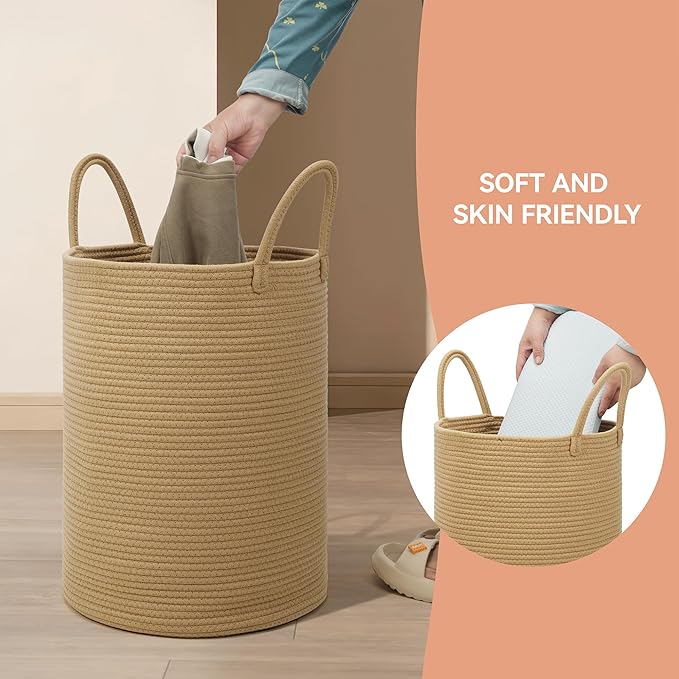 58L Cotton Rope Laundry Basket (20"x15"),Woven Basket for Storage Dirty Clothes Basket for Laundry, Living Room, Nursery, Bedroom Rope Storage Basket for Blankets(Brown)