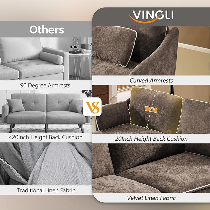 VINGLI 84" W Oversized Comfy Two Seat Love Seat, 37" Extra Deep Seat Piping Design Loveseat Couch with Two Pillows, Linen Fabric Modern Small Sofa for Small Living Room, Bedroom, Brown