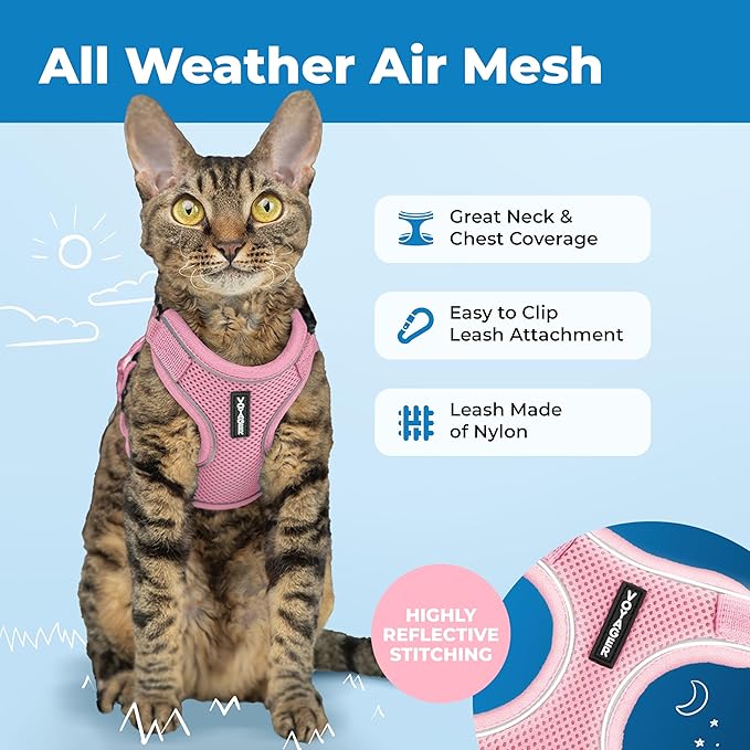 Best Pet Supplies Voyager Escape Proof Cat Harness and Leash Set with Reflective Stitching, Neoprene Handle 5ft - Supports Small, Medium and Large Cats, Kittens - Pink, M (Chest: 16.5-19.5")
