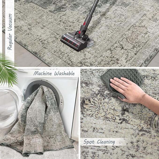 Area Rug 8x10 Washable Rug Living Room Vintage Non Slip Accent Rug Thin Retro Print Indoor Mat for Bedroom Kitchen, (Olive 8x10)