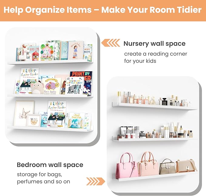 upsimples Floating Shelves for Wall, 47.3 Inch Shelves for Decor Storage Set of 6, Wall Mounted Wood Shelf for Bedroom, Living Room, Bathroom, Kitchen, Long Picture Ledge Shelves, White