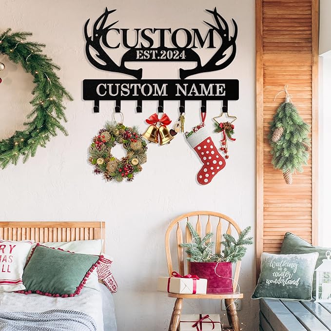 Personalized Deer Antler Key Holder Wall Mount, Custom Metal Keys Hanger for Wall with Name, Custom Key Rack Holder with Hooks for Entryway, Front Door, Hallway, Living Room, Kitchen