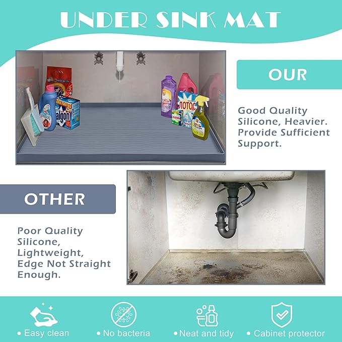 URMONA 40'' x 22'' Waterproof Silicone Under Sink Mat Cabinet and Counter Protector, Shelf Liner for Kitchen and Bathroom, Storage and Organizers, Litter Mat, Pet Cat Puppy Essentials(Charcoal)
