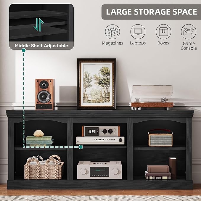 YITAHOME Farmhouse TV Stand with Cord Management for 75/80 Inch TV, Entertainment Center with Adjustable Shelf & Open Storage, 70" TV Console Table for Living Room (Black)