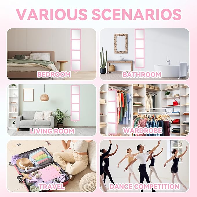 ROYALAY Foldable Full Length Mirror with Handle, 47 * 13in Four-fold Portable Mirror for Travel Makeup Dancing and Fitting Clothes, Pink