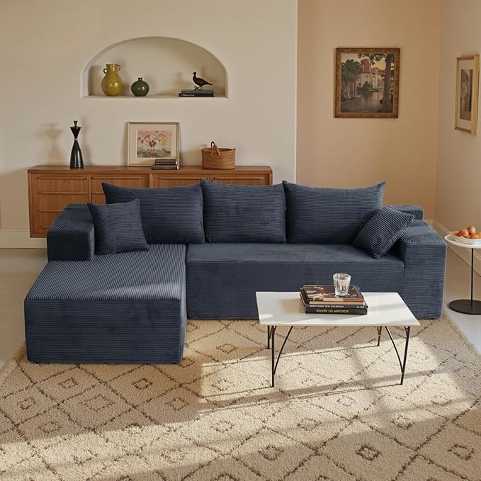 Blue Sectional Couches for Living Room, Boneless Couch with L-Shape Chaise, Modular Sofa in Box with Deep Seat, No Assembly Required