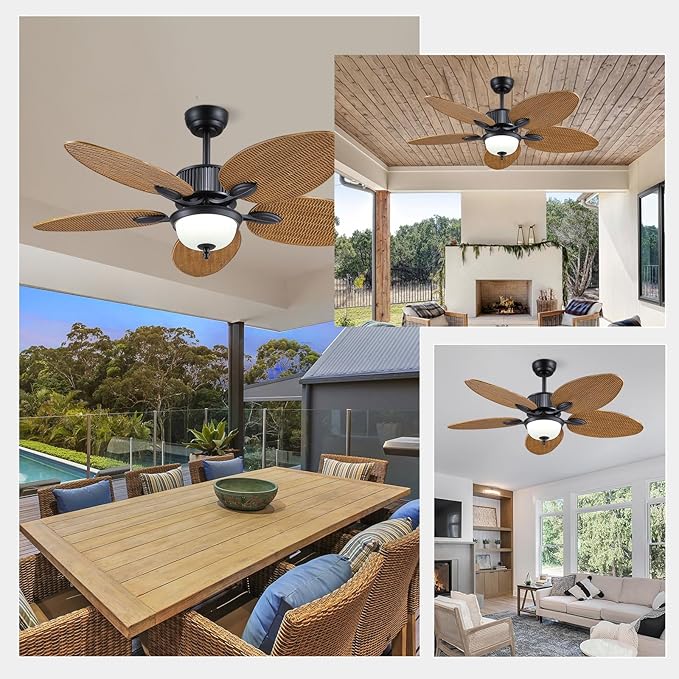 50 Inch Tropical Ceiling Fans with Lights and Remote/APP Control, Outdoor Waterproof Palm Leaf Ceiling Fan for Patios Porches, Wet Rated, Glass Lampshade, 6 Speeds, Quiet, Wood Grain