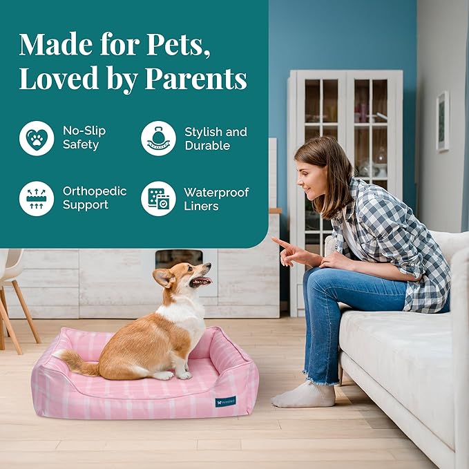 Orthopedic Bolster Dog Bed β CertiPUR-US Foam, Recycled Polyester Canvas, Washable Cover, Anti-Slip Bottom, Large, Pink Check β Stylish Designer Dog Sofa