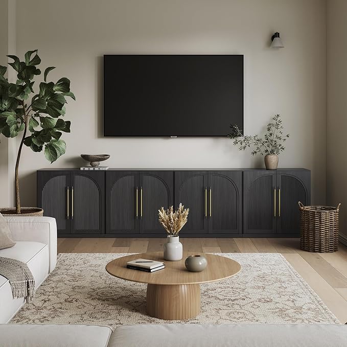 BELLEZE Set of 4 Modular Sideboard with Double-Arc Wood Doors, Small Arched Buffet Cabinet with Storage and Adjustable Shelves, Classic Modern Credenza for Dining Room, Living Room or Entryway(Ebony)