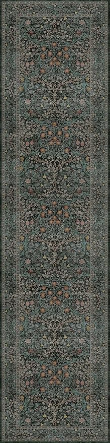 Dark Green Washable 3x12 Extra Long Runner Rug for Hallway Non Slip, Large Kitchen Indoor Floor Rugs for Entryway Hall Way Bedroom, Soft Stain Resistant Low Pile Vintage Floral Carpet