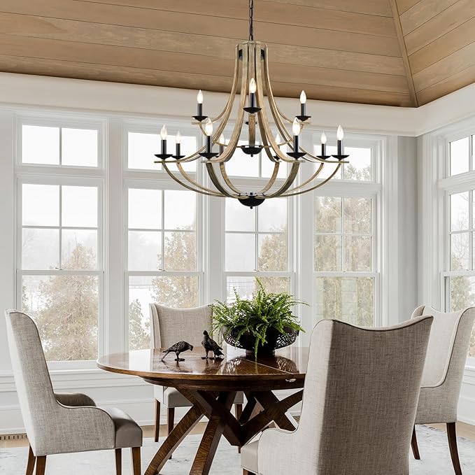 Farmhouse Chandeliers for Dining Room Light Fixture, 2 Tier 12-Light 41" Adjustable Height Retro Faux Wood Texture Rustic Light Fixtures for Living Room Bedroom Kitchen Island Foyer Entryway