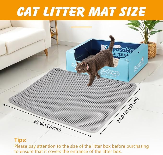 Cat Litter Mat, 30x24 Inch Double Layer Litters Box Mat, Waterproof Cat Mat for Litter Box(Gray)