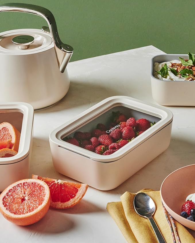 Caraway 2pc Glass Food Storage Set - 6.6 Cup Food Containers (2) - Ceramic Coated - Non Toxic, Non Stick Lunch Box with Lids. Dishwasher, Oven, & Microwave Safe - Mist
