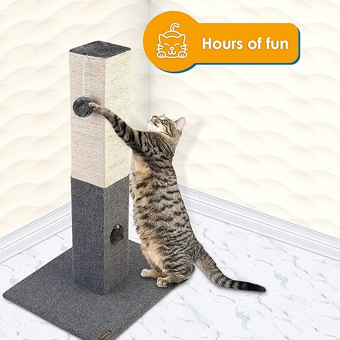 PAWBEE Cat Scratching Post - Tall 32” Sisal Rope Cat Scratch Post + Jingle Bell & Softball - Playful, Quality, & Sturdy - Scratcher Pole Tower - Scratching Posts for Indoor Cats Adults Large Cats