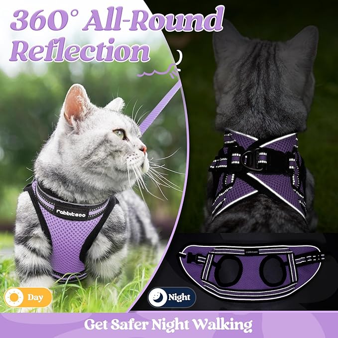 rabbitgoo Cat Harness and Leash Set for Walking Escape Proof, Adjustable Soft Kittens Vest with Reflective Strip for Cats, Comfortable Outdoor Vest, Light Purple, L